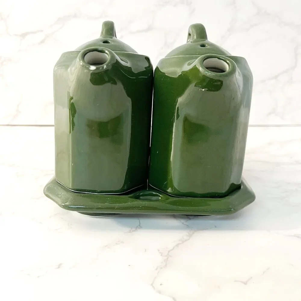Vintage Lidded Shenango China Oil & Vinegar Cruet Set with Tray Forest Green